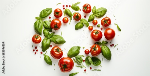 Experience the Burst of Freshness: A Closeup View of Ripe Tomatoes and Basil! Generative AI © monsifdx