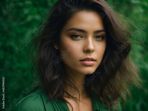 Beauty portrait of a cool female brunette model with green dress against green background