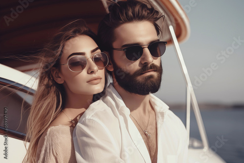 Young couple on a yacht. Generative AI