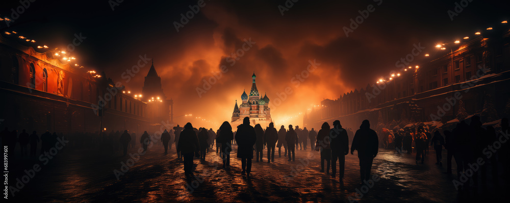 skyline of red square of the Russian capital Moscow on fire and war smoke and apocalyptical conflict with ruins and demonstration protests environment as wide banner design - obrazy, fototapety, plakaty 