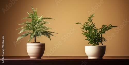 Exquisite Duo  Explore the Serene Beauty of Two Potted Plants in Perfect Harmony Generative AI