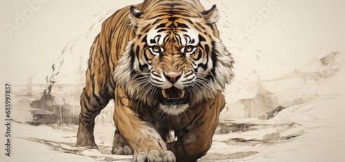 Stunning Artistry: Majestic Tiger Prowling in Serenity - Must-See Illustration Generative AI © monsifdx