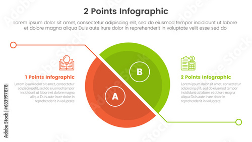 versus or compare and comparison concept for infographic template banner with big slice half circle with line separation with two point list information