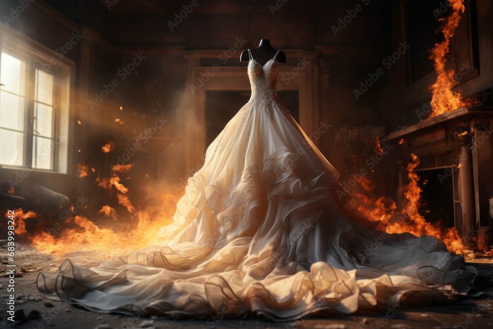 Burning wedding dress in the flames of the fire. Background with selective focus and copy space - obrazy, fototapety, plakaty 