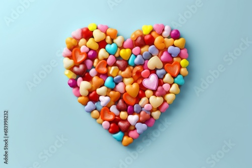 Multi-colored small candies with a heart-shaped layout. Background with selective focus and copy space