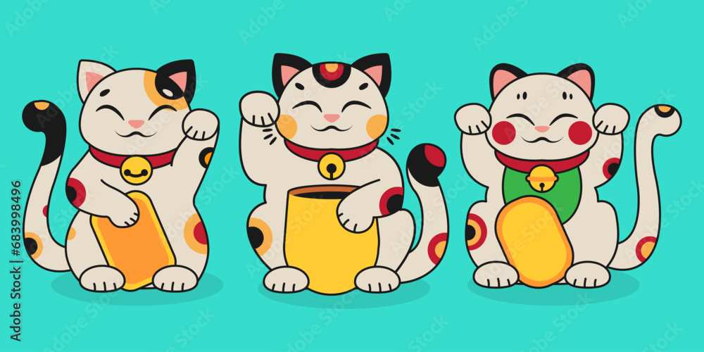 Isolated illustration of Maneki Neko. Three different characters of Asian happy cats. Japanese culture. Cartoon clipart. Vector illustration.