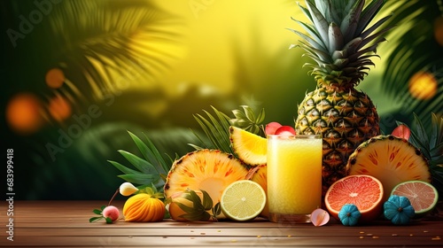 Background with cheerful cocktail tropical fruits - pineapples, coconuts and passion fruit photo