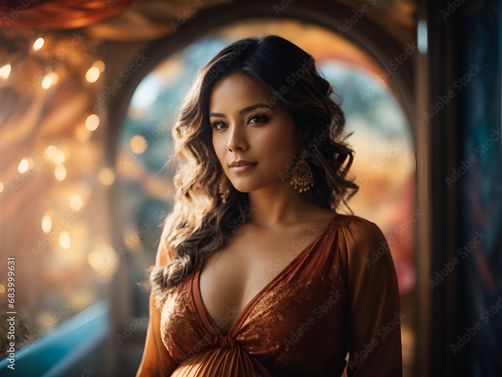 Obraz premium Close up pregnant woman in front of fantasy background.