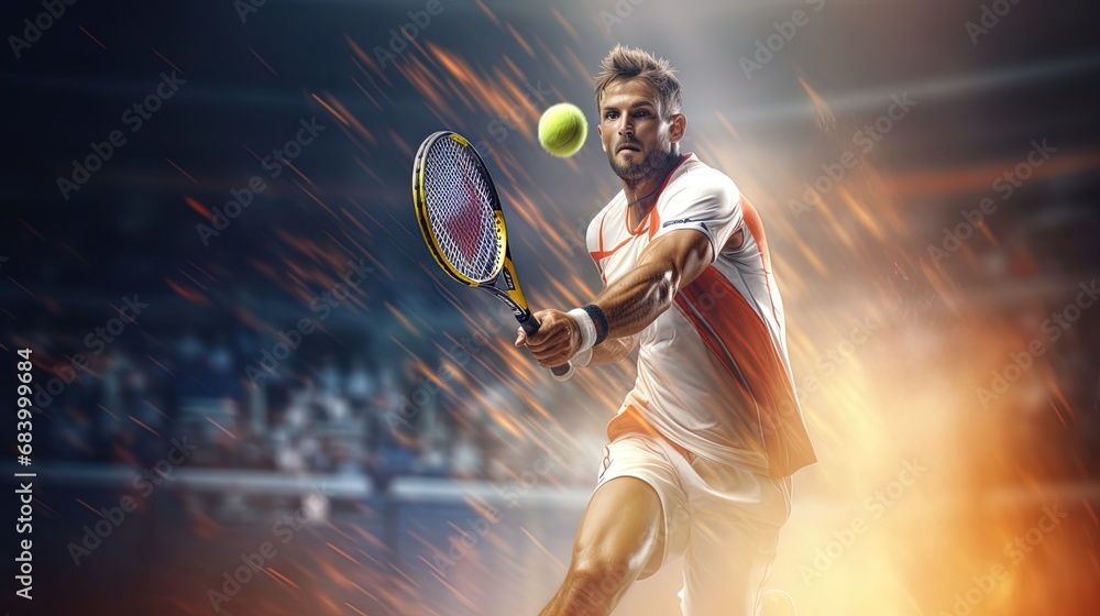 Tennis player with racket: Energetic moment of impact on the tennis court - obrazy, fototapety, plakaty 