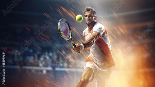 Tennis player with racket: Energetic moment of impact on the tennis court photo