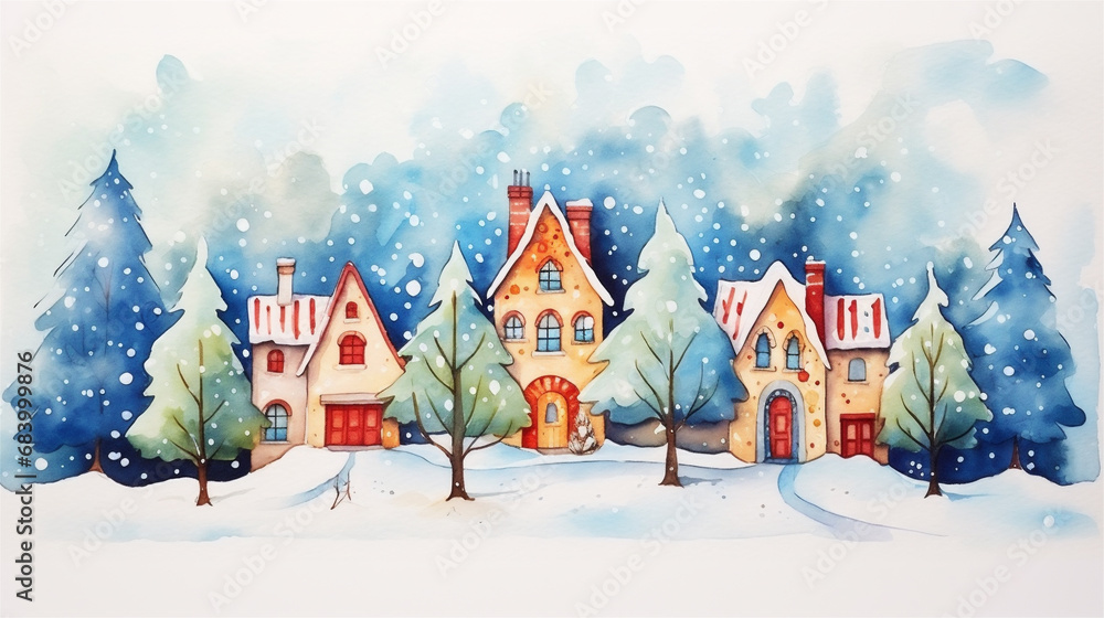 Watercolor Painting, Cute Christmas Winter Town, Generative AI
