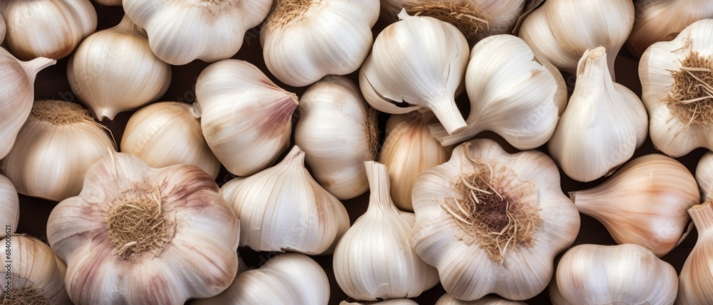 Heap of organic raw garlic full frame background banner Heap of organic raw garlic full frame background banner