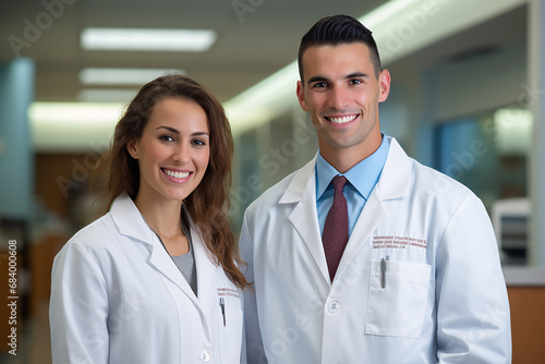 Portrait of a young doctor and a young female doctor in a white coat in a hospital.