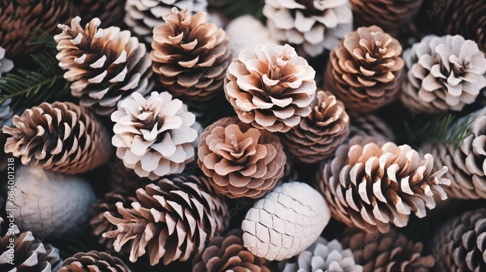 Beautiful texture background of Christmas tree cones. Pine cones closeup. Stylish pattern. Holiday season. New Year's and Merry Christmas. Magic time. Happy celebration winter event. Generated AI Beautiful texture background of Christmas tree cones. Pine cones closeup. Stylish pattern. Holiday season. New Year's and Merry Christmas. Magic time. Happy celebration winter event. Generated AI