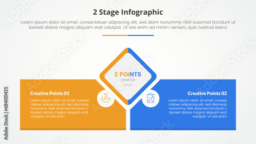 2 points stage template for comparison opposite infographic concept for slide presentation with diamond shape center with rectangle box bottom with flat style