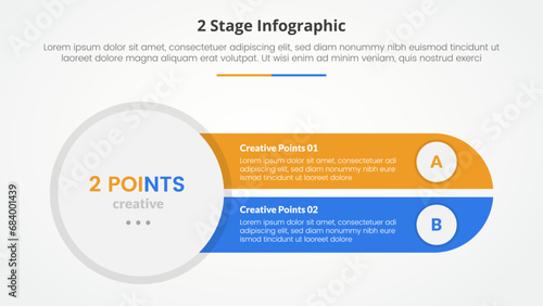 2 points stage template for comparison opposite infographic concept for slide presentation with big circle left and slice round rectangle with flat style