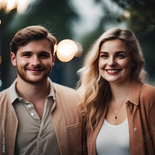 headshot photo of a young white Caucasian couple in love smiling man and woman, looking into the camera.