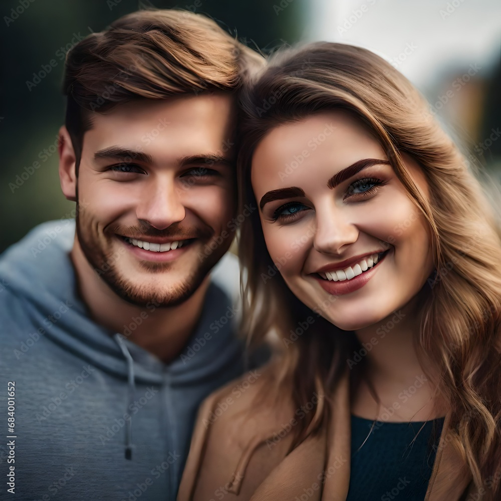 headshot photo of a young white Caucasian couple in love smiling man and woman, looking into the camera. headshot photo of a young white Caucasian couple in love smiling man and woman, looking into the camera.
