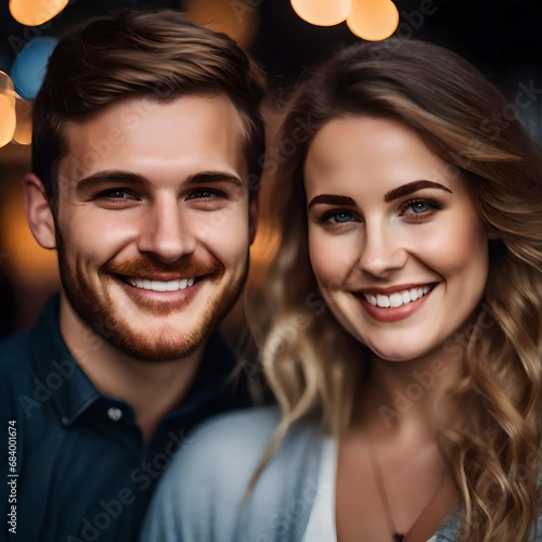 headshot photo of a young white Caucasian couple in love smiling man and woman  looking into the camera.
