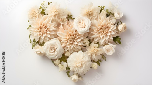 Heart-Shaped Arrangement of Beige Flowers on White Background