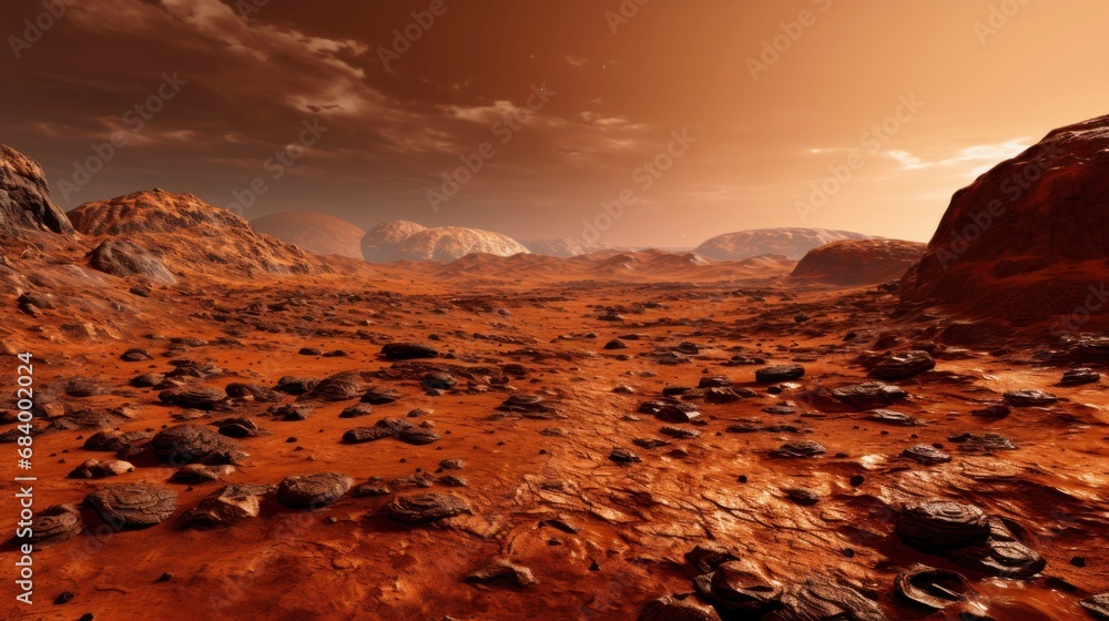 Mars landscape. Awe-Inspiring red Sands and Unique Rock Structures in a Desert Wilderness. The imaginary desert rocky surface of the planet Mars. Sci-fi concept.