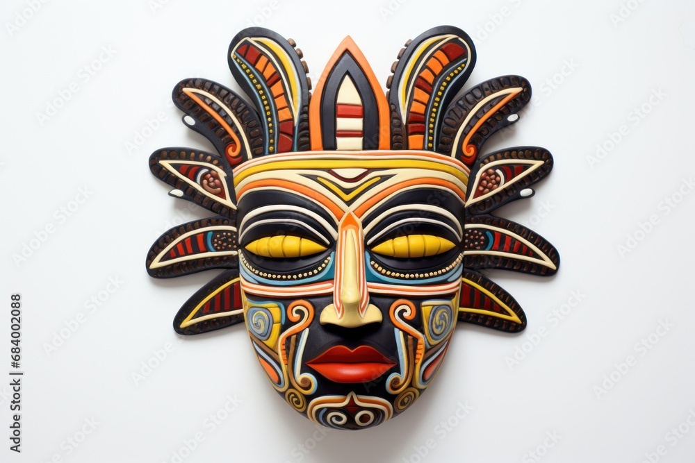 Aztec traditional, ceremonial mask on white background. Warrior mask. Tribal totem. Aztec-inspired mask showcasing intricate detailing and craftsmanship. Traditions and customs of ancient Aztecs