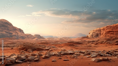 Mars Red landscape. Awe-Inspiring Desert Scene with Orange Sands and Dramatic Rock Formations. The imaginary desert rocky surface of planet Mars. Sci-fi concept.