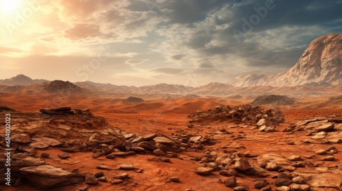 Mars landscape. Awe-Inspiring red Sands and Unique Rock Structures in a Desert Wilderness. The imaginary desert rocky surface of planet Mars. Sci-fi concept.