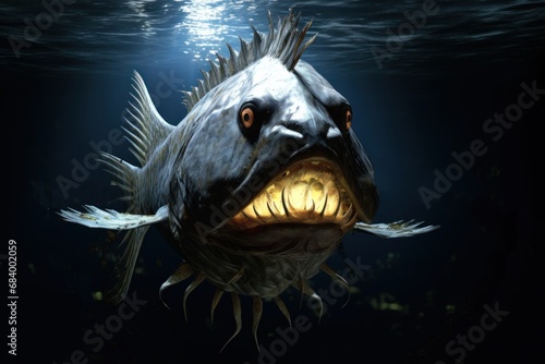Menacing deep-sea fish with sharp teeth lurking in the dark underwater abyss. Angler fish. Mysterious aquatic creature. Underwater world
