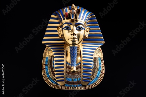 Egyptian Pharaoh funerary mask isolated on black background. Golden Mask of Tutankhamun. Traditions and customs of ancient Egypt photo