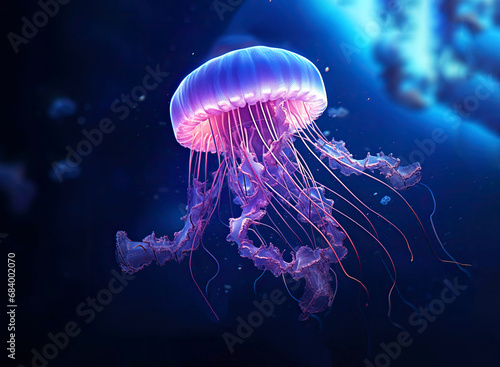 The concept of the underwater world and the ecology of the ocean. Beautiful glowing jellyfish at depth © foto.katarinka