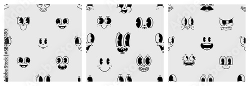 Funny retro cartoon character face seamless pattern set. Black and white vintage animation art style background. Trendy 50s mascot texture print, facial expression graphic wallpaper drawing.