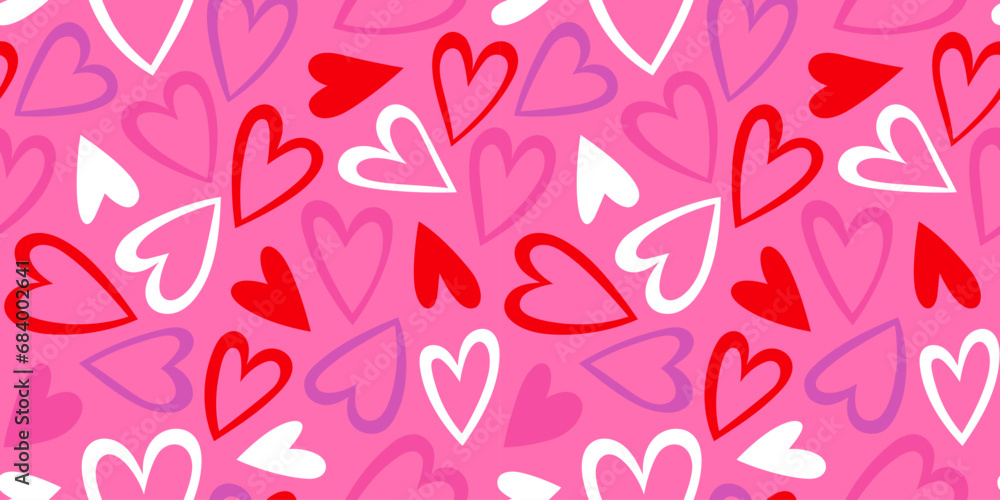 Red love heart seamless pattern illustration. Cute romantic pink hearts background print. Valentine's day holiday backdrop texture, romantic wedding design.	
