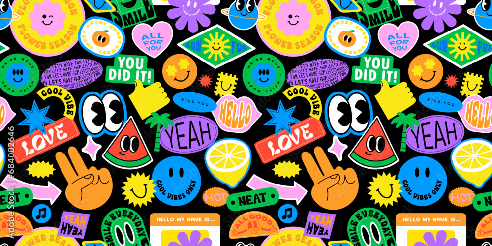 Funny smiling happy face colorful sticker label seamless pattern. Retro 90s smile icon tag background texture. Trendy sign wallpaper. Funny smiling happy face colorful sticker label seamless pattern. Retro 90s smile icon tag background texture. Trendy sign wallpaper.