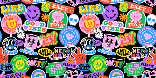 Funny smiling happy face colorful sticker label seamless pattern. Retro 90s smile icon tag background texture. Trendy sign wallpaper.