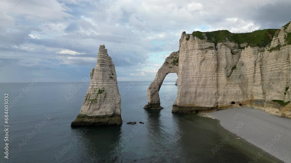Aerial 4k drone view of Etretat. L'Aiguille, The Needle, Famous ...