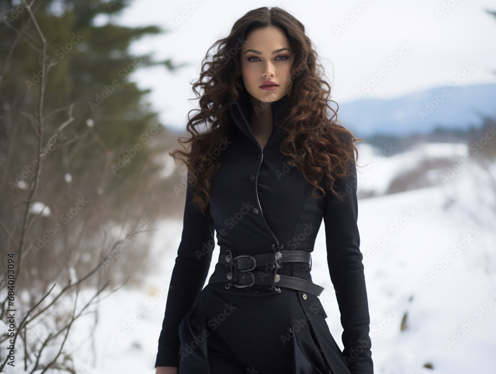 model doing poses in a winter landscape model doing poses in a winter landscape
