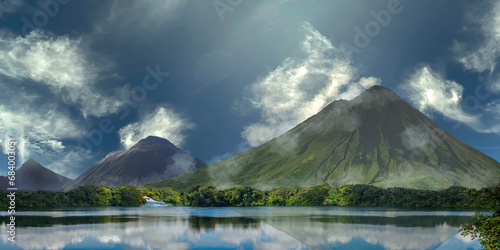 View of mountains and volcanoes together in the lake