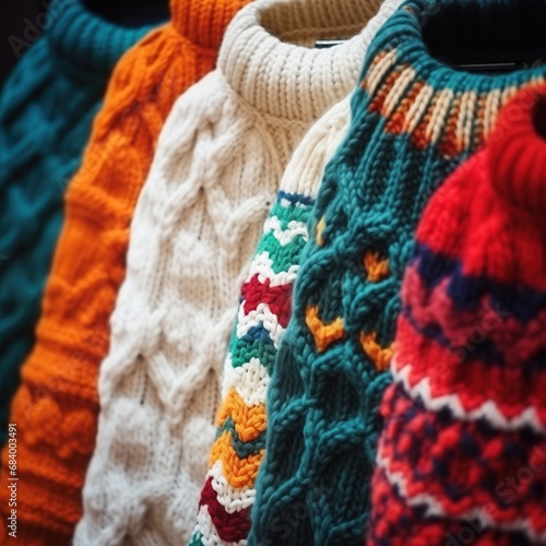 Festive knitted sweaters with detailed cable patterns in a range of winter colors, including classic white, vibrant red, forest green, and navy blue, giving a sense of cozy warmth and holiday style