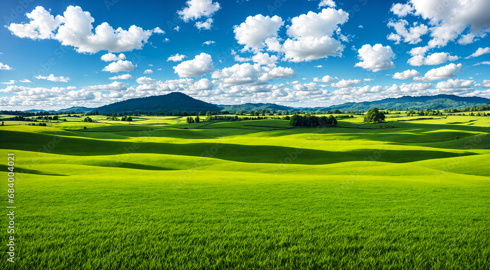Fototapeta premium Beautiful green valley with green fields and hills. Natural summer background, nature landscape wallpaper. Created using generative AI tools