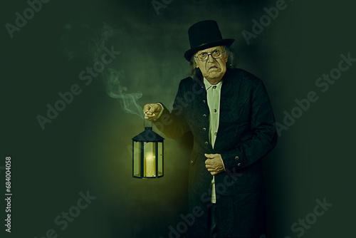 Scrooge with a lantern, smoke, and a green background
