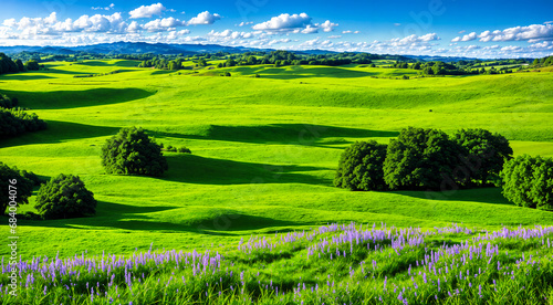 Beautiful green valley with green fields and hills. Natural summer background  nature landscape wallpaper. Created using generative AI tools