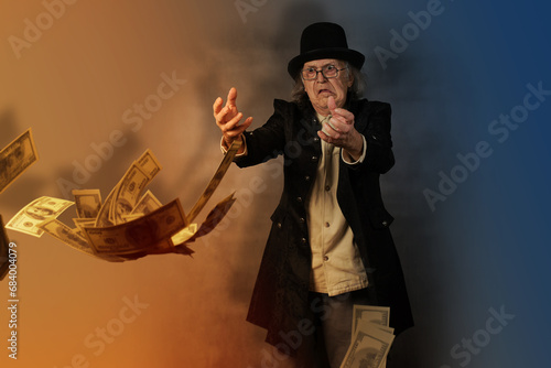 Modern times Scrooge trying to catch dollar bills