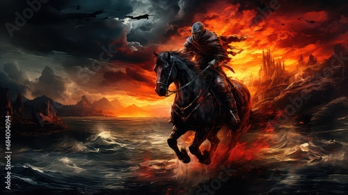 jeździec rycesz na czarnym koniu przez płonące wiatry