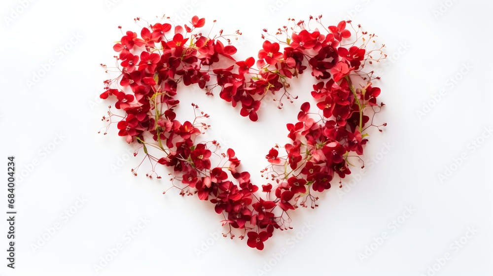 Heart-Shaped Arrangement of Light Red Flowers on White Background