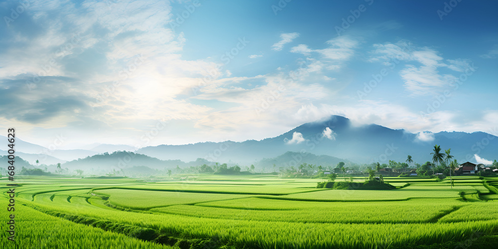 field and blue sky, Nature portrait of rice fields and mountains in rural Indonesia with sunrise,