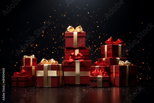 Red gift boxes with ribbons on black background. 3d rendering © BrandyStock