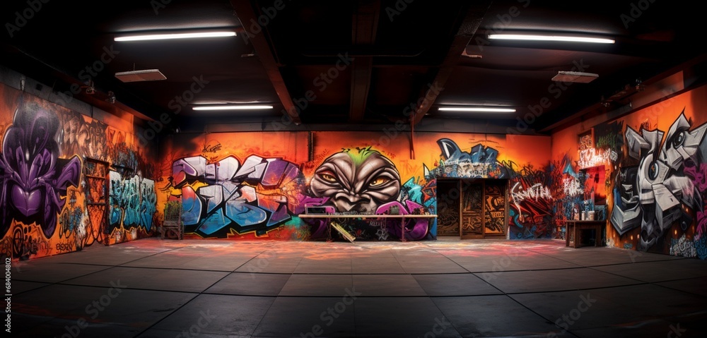 An underground art gallery with gritty, urban street art and graffiti