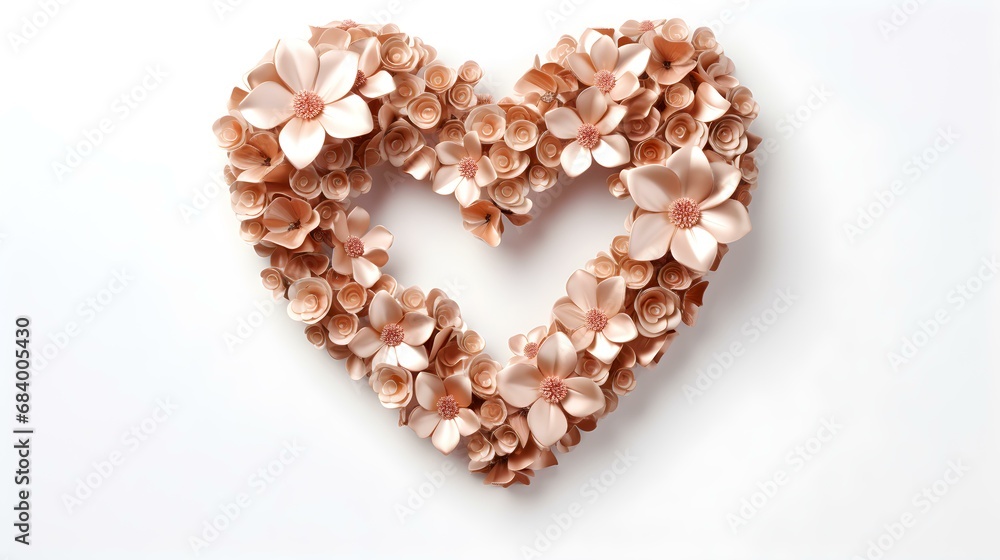 Heart-Shaped Arrangement of Rose Gold Flowers on White Background Heart-Shaped Arrangement of Rose Gold Flowers on White Background