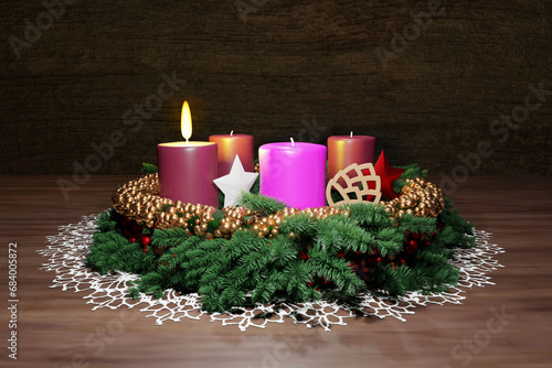 Advent wreath with one burning candle. First Sunday concept, Christmas decoration. 3D render illustration.